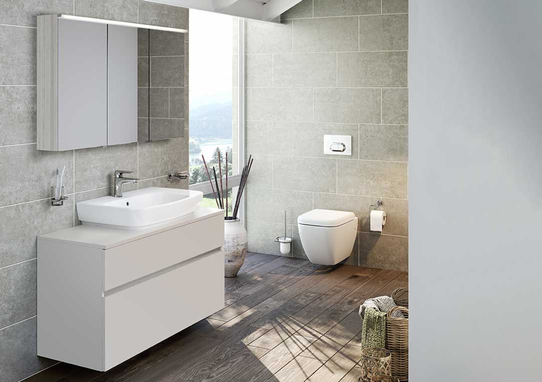 Shift wall mounted basin and double drawer wall hung vanity unit with wall hung wc.