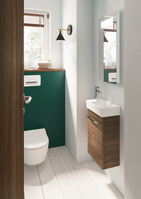 Small cloakroom Villeroy & Boch basin and vanity unit, wall hung direct flush wc.